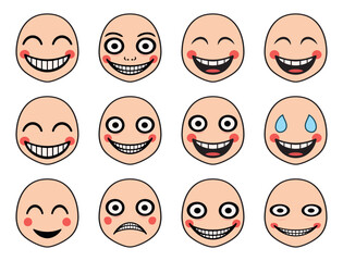 Set of cartoon smiley faces with various funny, creepy, and emotional expressions. Collection includes happy, sad, crying, scary, and goofy emoji icons for humor, stickers, and digital use.