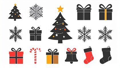 Christmas icons set with trees, gifts, snowflakes, candy cane, bell, and stockings in festive colors