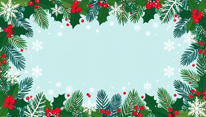 Festive Christmas border with holly, pine branches, and snowflakes on light blue background. Cheerful holiday design