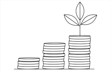Vector art of plant growing on stack of coins in line art concept of financial growth, investment, and sustainable business development