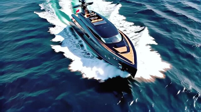 A modern luxury yacht with a black hull and white superstructure, speeding through the ocean, leaving a wake behind it. The yacht is designed with a futuristic and elegant aesthetic