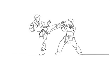 Vector art of two karate practitioners engage in a sparring match, the dynamic line art captures the intensity and skill of martial arts combat, showcasing discipline