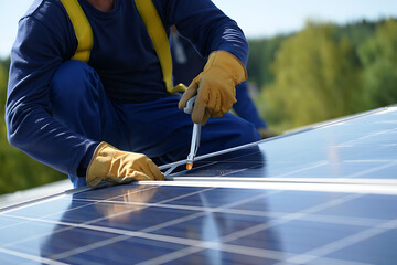 Worker in blue overalls and yellow gloves installing solar panels on a rooftop