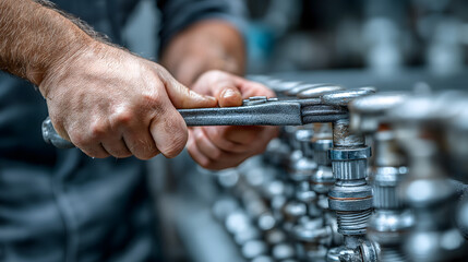 Close-up of skilled plumber's hands using a wrench to connect metal fittings, showcasing craftsmanship and precision in plumbing work with tools and materials