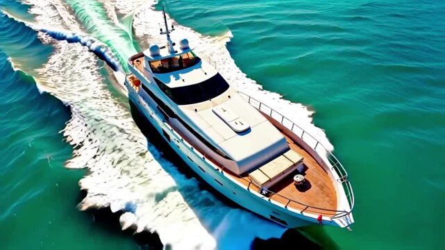 yacht, boat, vessel, ship, sailing, cruise, marine, nautical, ocean, sea, water, blue, clear, aerial, topview, overhead, wake, wave, motion, travel, voyage, journey, luxury, sleek, modern, stylish, el