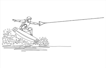 Vector art of a wakeboarder is riding the waves, holding onto a rope, and wearing a helmet the drawing is in black and white, with a sketchy style