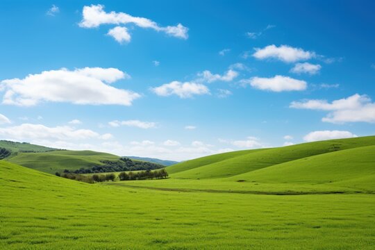 Lush green rolling hills under a bright blue sky with scattered clouds landscape