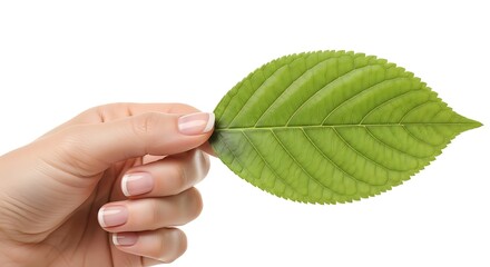 Hand holding a vibrant green leaf against a white background
