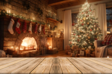 Empty table in front of christmas tree with decorations background. For product display montage