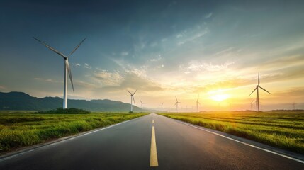 A winding road leads through vast green fields dotted with towering wind turbines. The vibrant colors of the sunset paint the sky, creating a stunning backdrop for this calm landscape.