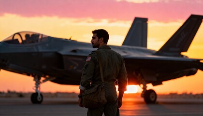 Silhouette of a fighter jet and Middle Eastern soldier at sunset, evoking strength and patriotism.