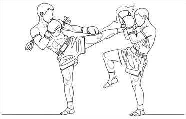 Vector art of an actionpacked illustration depicting two muay thai fighters engaged in a dynamic kickboxing match, showcasing their skill and athleticism