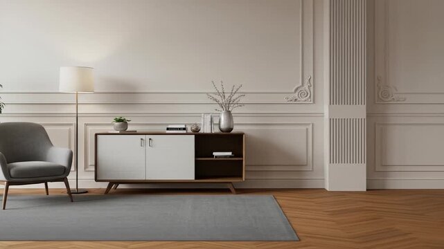 Comfortable Gray Armchair in a Brightly Lit Room with Neutral Walls Wooden Floor and Blue Gray Rugs with a Decorative Commode Cabinet