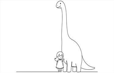 Vector art of a charming line art illustration featuring a small girl holding hands with a friendly, towering dinosaur, creating a heartwarming and whimsical scene