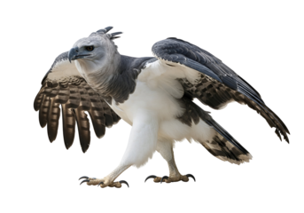 A magnificent harpy eagle, wings spread wide against a stark black background, showcasing intricate patterns and textures in its plumage.