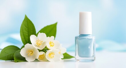 Light blue nail polish bottle with jasmine flowers and green leaves