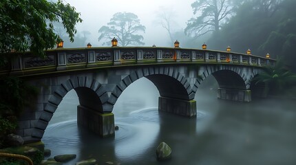 Stone arch bridge with ornate lanterns over a misty river in a lush green forest landscape