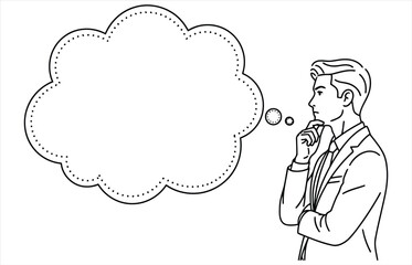 Vector art of a thoughtful businessman in a suit contemplates ideas, represented by a speech bubble, this line art illustration captures the essence of strategic thinking and planning