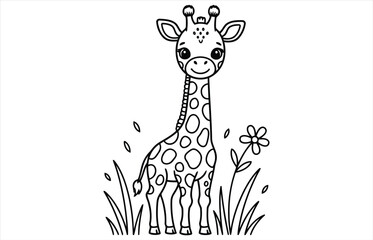 Vector art of a cute giraffe standing in a field of grass and flowers, depicted in a charming black and white line art style, this illustration is perfect for childrens coloring