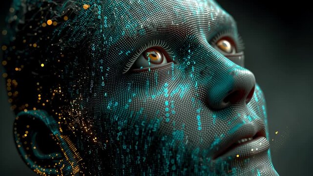 Advanced humanoid robot face covered in a grid of glowing digital numbers, representing concepts like artificial intelligence, machine learning, data processing, and technological singularity