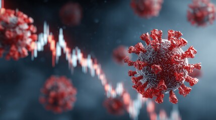 Microscopic view of a virus forms the center of attention as data trends display fluctuations. The intricate details evoke concerns about health and global impact during uncertain times.