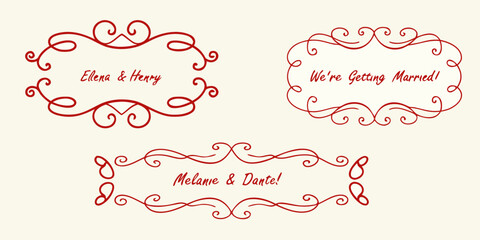 Elegant red swirl flourish frames with wedding text for invitations and announcements