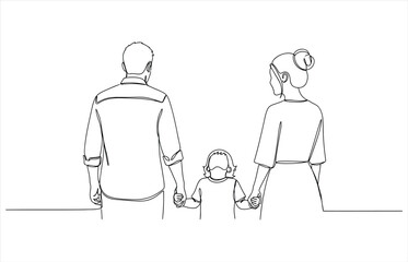 Vector art of a minimalist line drawing depicts a family of three from behind, holding hands, the father, mother, and child stand together in unity