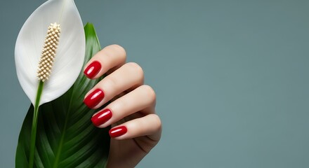 Elegant hand with red nails holding a white peace lily flower