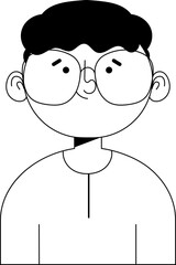 Minimalist black and white line art illustration of a person with curly hair and round glasses frontfacing avatar.