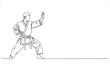 Fototapeta premium Vector art of a karate practitioner executes a defensive stance, rendered in a single continuous line drawing the artwork embodies focus, discipline, and martial arts tradition