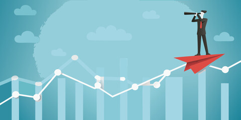Businessman with spyglass on red paper airplane looking towards future growth on a financial chart
