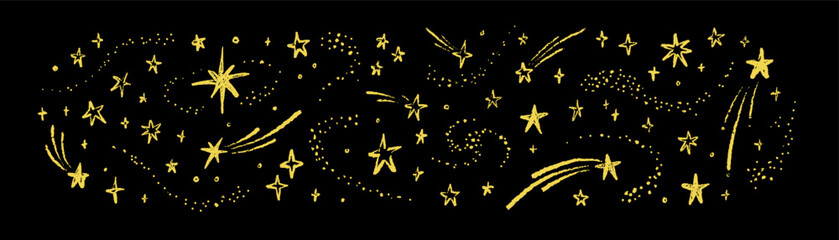 Hand drawn golden stars on the black night sky mystic magic background. Golden shooting stars, comets, nebula in the outer space. Pastel, chalk drawing. Vector illustration in sketch style © Kseniia