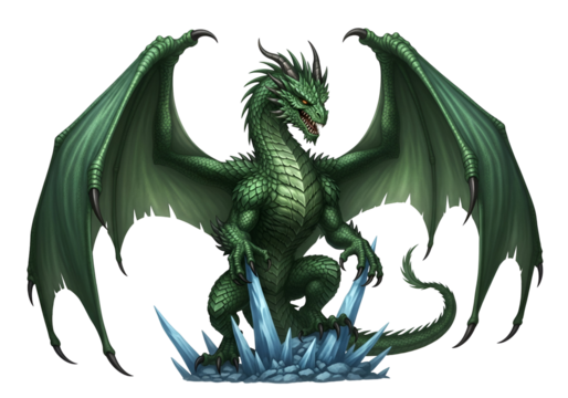 A majestic, emerald-scaled dragon stands atop a bed of icy shards, its wings spread wide against a stark black background.