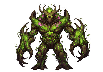Obraz premium A formidable, nature-inspired creature, with a woody, green-hued body, adorned with lush vegetation and delicate flowers, stands in a dramatic black background, showcasing intricate details.