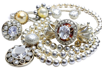 Elegant Collection of Pearl Necklaces and Diamond Rings on jewelry pearls isolated on a transparent background