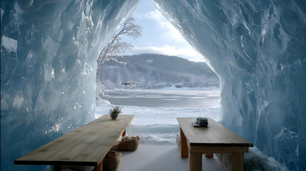 Obraz premium A shot from inside a hotel made entirely of ice, looking out through an ice window at a snowy landscape, 