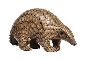 A full shot of a pangolin, showcasing its unique, scaled armor against a stark black background.