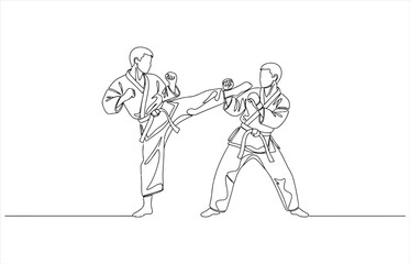 Vector art of continuous line drawing of two men practicing karate concept of martial art, sport, combat, selfdefense, discipline, training, and competition