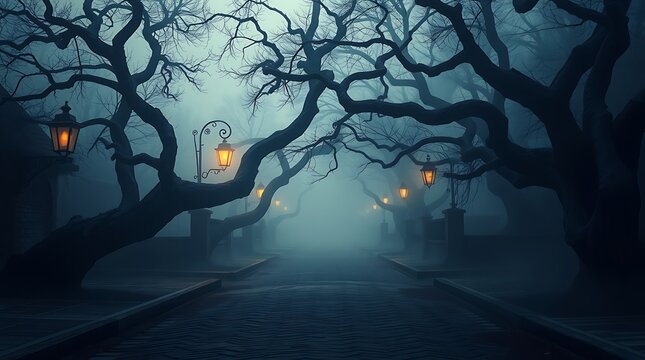 A foggy path lined with bare trees and glowing lanterns creating a mysterious atmosphere at night - Powered by Adobe