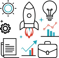 Collection of business and startup icons including a rocket lightbulb charts and briefcase isolated on white background isolated on transparent background silhouette