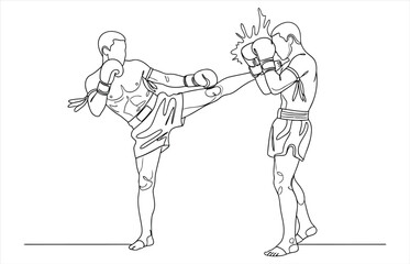Vector art of a dynamic line art illustration showcases a muay thai fighter executing a powerful kick, striking his opponents head in a display of martial arts skill