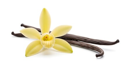 Fresh vanilla orchid blossom and pods displayed against a bright white background.