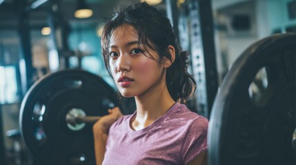 Fototapeta premium Focused on her fitness journey, a young woman in a purple workout shirt lifts weights at a contemporary gym. She embodies strength and dedication in her training routine.
