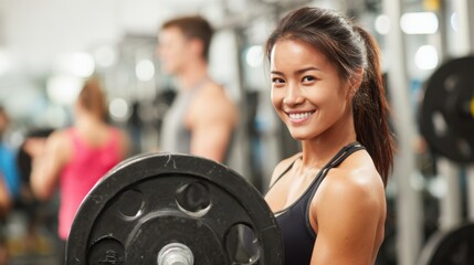Obraz premium A young woman lifts a barbell with a confident smile, demonstrating her strength in a busy gym filled with fitness enthusiasts working out.