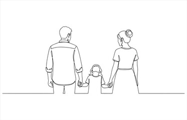 Vector art of a line drawing of a family with a mother, father, and child holding hands, viewed from behind, the family is walking together in harmony