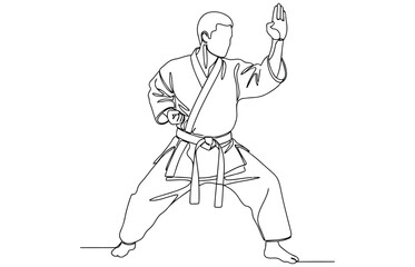 Vector art of a black and white line art illustration of a karate practitioner in a fighting stance, the figure is depicted in a traditional uniform, showcasing martial arts technique