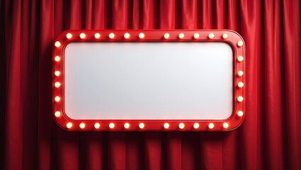 Blank vintage marquee sign with illuminated bulbs and red velvet curtains providing a theatrical backdrop for your custom message or advertisement