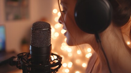 A close-up shot of a woman in her home studio, using a microphone amid fairy lights that give a dreamy vibe, ideal for producing podcasts or music, emphasizing her face and the sound equipment used.