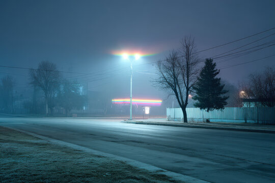 tranquil night scene on empty street illuminated by ultrabright holographic directional signs