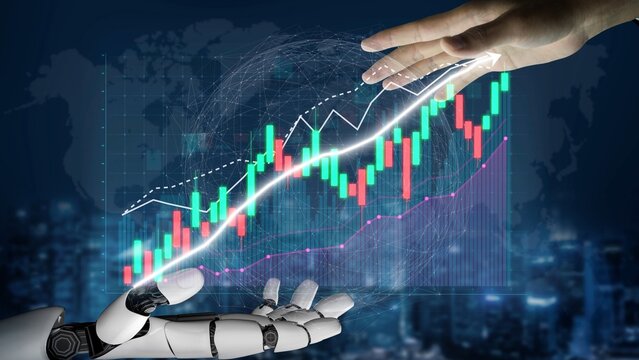 A digital illustration showcasing a robotic hand reaching towards financial data, symbolizing the intersection of technology and economic growth in modern business environments. Copula - Powered by Adobe